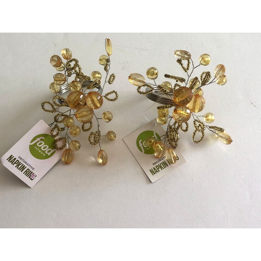 Food Network Napkin Rings Set Of 2 Thanksgiving Amber Gold Beaded Spray Silver